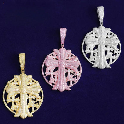 Iced Out Cross Medallion Pendant | Men's Round Disc Necklace - CaratixJewelry