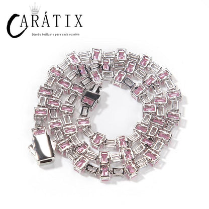 CARÁTIX - Hip Hop Pink White Square CZ Stone Bling Iced Out Tennis Link Chain Chokers Necklaces for Men Women Unisex Rapper Jewelry Valentine's Day Gift for Men & Girls & Boys Mothers' Day Gift #Springtok