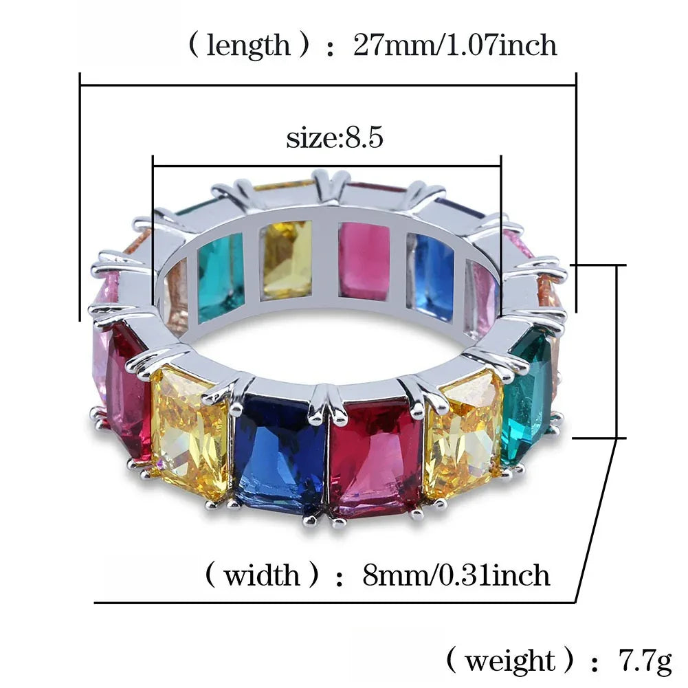 Rainbow Square Zirconia Hip Hop Ring | Multi-Color Iced Out Band | Caratix