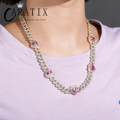 CARÁTIX Heart Cuban Link Chain Necklace – Claw Setting Zircon Iced Out Hip Hop Bling Jewelry for Men | Rapper Gift