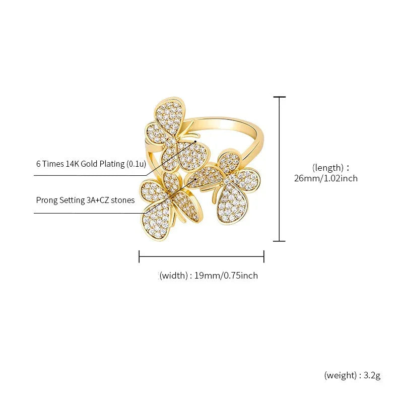Triple Butterfly Adjustable Ring | Iced Out Micro-Pave Band | Caratix