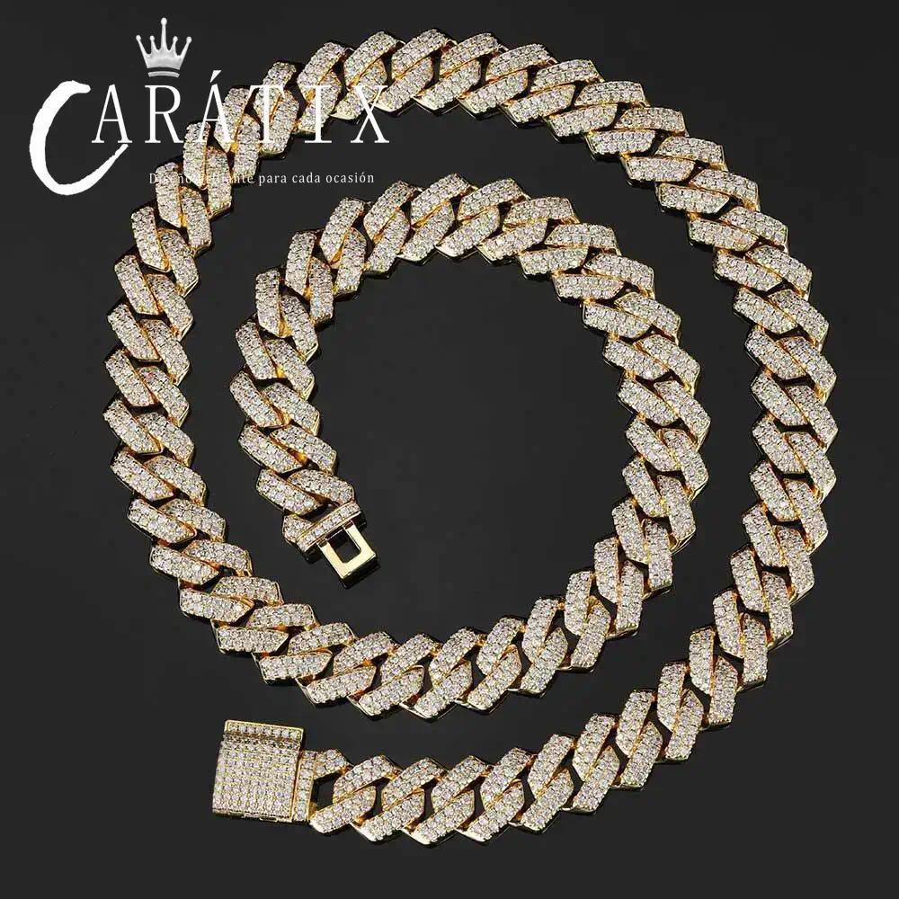 CARÁTIX 14mm 2-Row Prong Cuban Link Chain Necklace – Cubic Zirconia Iced Out Hip Hop Bling Jewelry for Men | White Miami Style