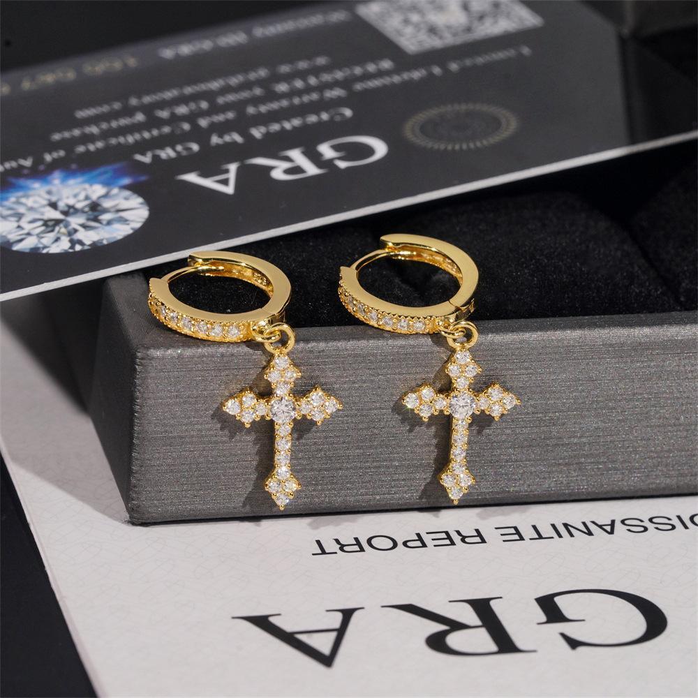 S925 Silver Cross Design Moissanite Hoop Stud Earrings Unisex - CaratixJewelry