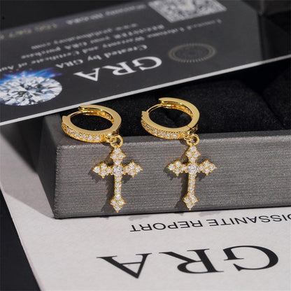S925 Silver Cross Design Moissanite Hoop Stud Earrings Unisex - CaratixJewelry