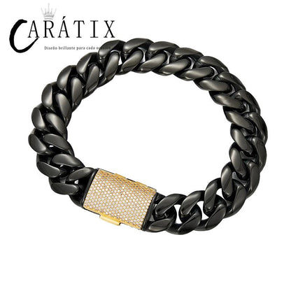 CARÁTIX - Hip Hop Bling Iced Out Stainless Steel 14mm Round Cuban Miami Link Chain Necklace for Men Rapper Jewelry Black Color Valentine's Day Gift for Men & Girls & Boys Mothers' Day Gift #Springtok