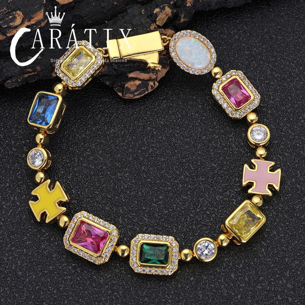 CARÁTIX -  10mm Custom Multi Color Enamel Bling Cz Stone Chain Silver Geometric Gemstone Motif  Chain Necklace Valentine's Day Gift for Men & Girls & Boys Mothers' Day Gift #Springtok