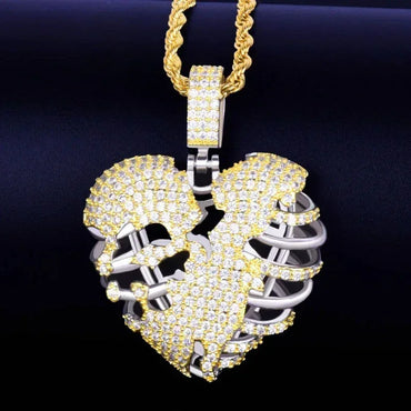 Iced Out Broken Skeleton Heart Pendant | Unisex Real Copper CZ Necklace - CaratixJewelry
