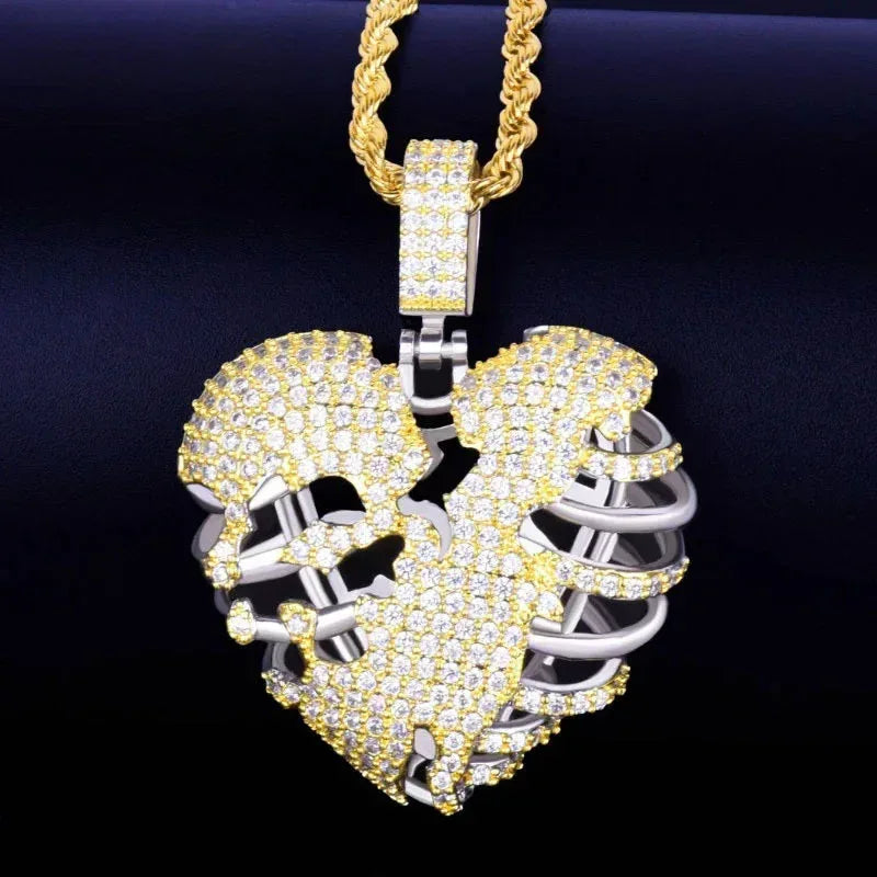 Iced Out Broken Skeleton Heart Pendant | Unisex Real Copper CZ Necklace - CaratixJewelry