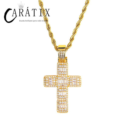 CARÁTIX Bubble Letter Baguette Cross Pendant Necklace – Iced Out Hip Hop Jewelry for Men & Women