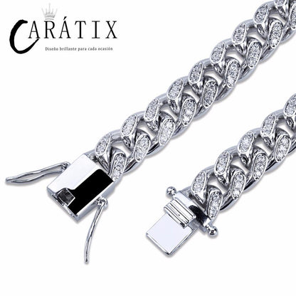 CARÁTIX 10MM Miami Cuban Chain Necklace – Iced Out Hip Hop Jewelry with Paved CZ Rhinestones for Men & Women
