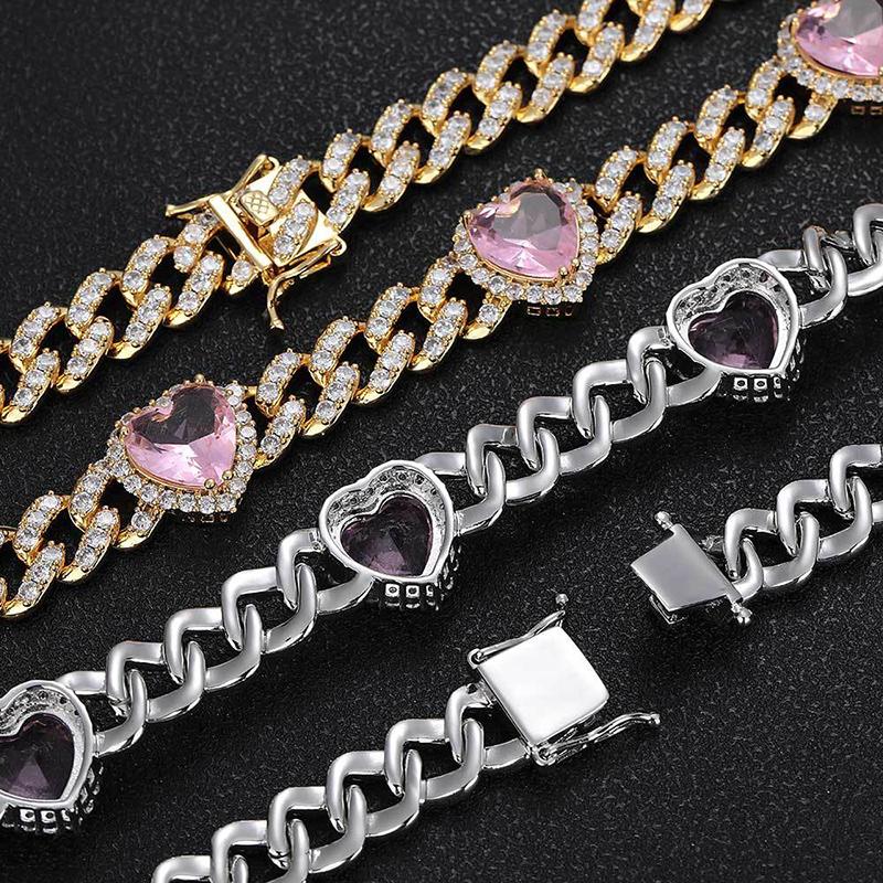CARÁTIX 7"-24" Pink Hearts Link Chain Necklace – 5A+ CZ Iced Out Hip Hop Bling Jewelry for Men & Women | Unisex Rapper Gift