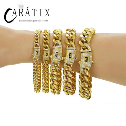 CARÁTIX Gold Stainless Steel Cuban Link Chain Necklace – CZ Iced Out Hip Hop Bling Jewelry for Men | Box Lock Rapper Gift