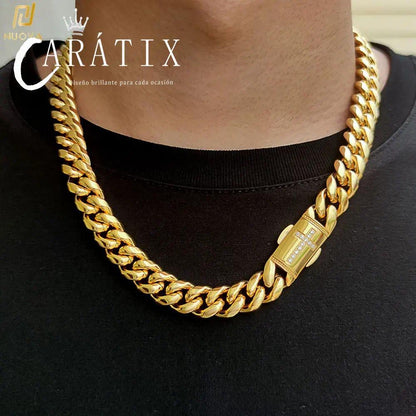 CARÁTIX Stainless Steel Cuban Link Chain Necklace – Golden Clasp Hip Hop Jewelry for Men & Women