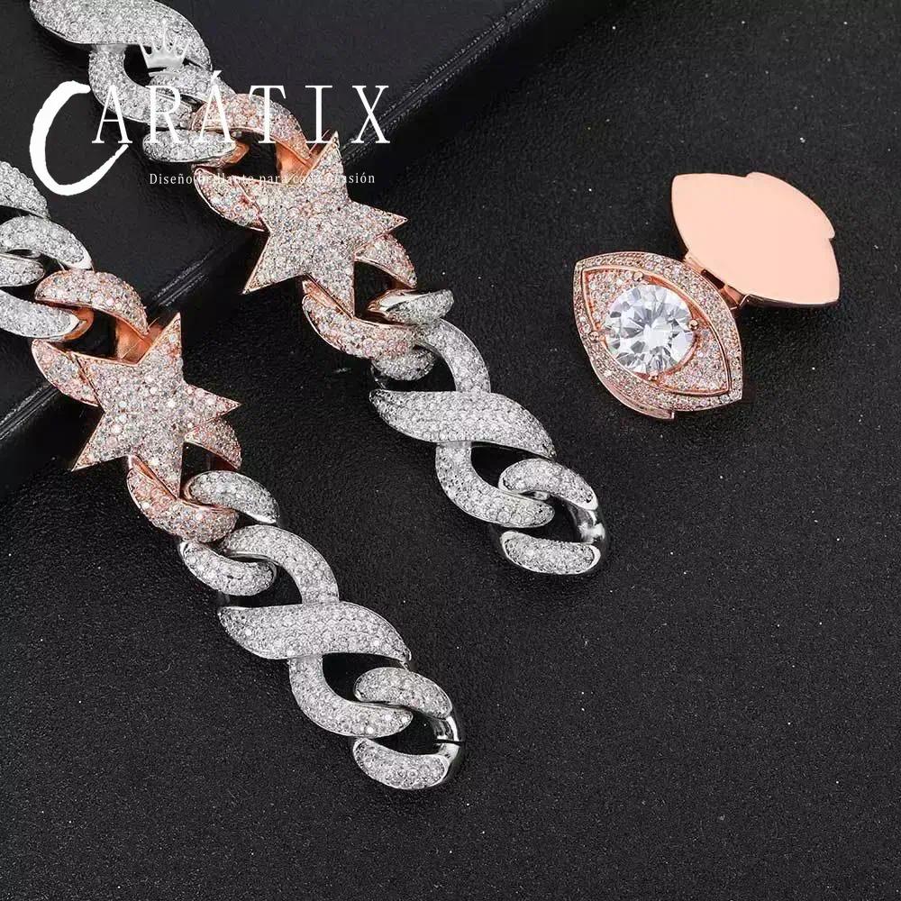 CARÁTIX Two-Tone Pink & Silver Star Cuban Link Chain Necklace – Eye Clasp Iced Out Hip Hop Luxury Choker Jewelry | Party Gift