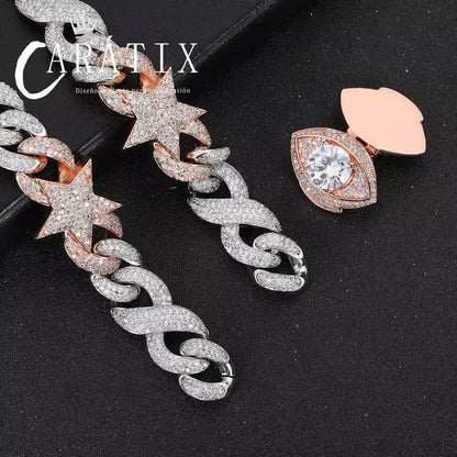 CARÁTIX Two-Tone Pink & Silver Star Cuban Link Chain Necklace – Eye Clasp Iced Out Hip Hop Luxury Choker Jewelry | Party Gift