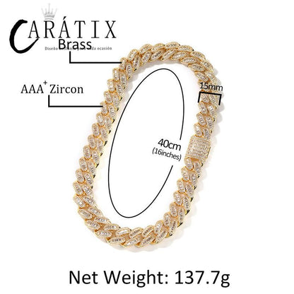 CARÁTIX 15mm Round Cuban Link Chain Necklace – Claw Setting 3A+ CZ Iced Out Hip Hop Bling Jewelry for Men | Miami Rapper Gift