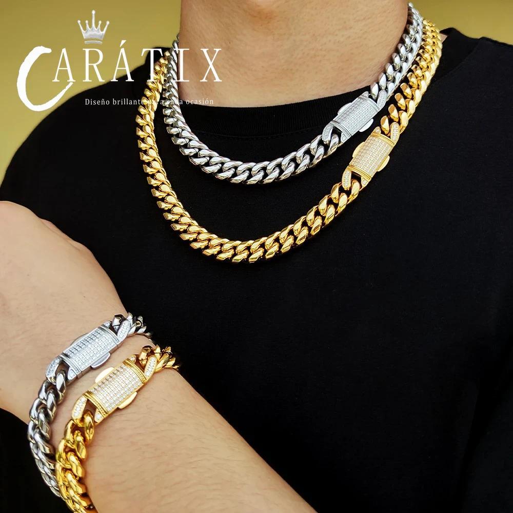 CARÁTIX Stainless Steel Cuban Link Chain Necklace – Golden Clasp Hip Hop Jewelry for Men & Women