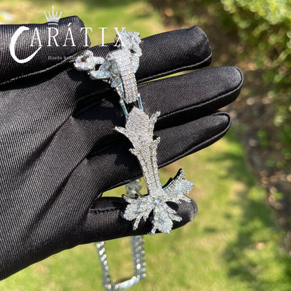 CARÁTIX Bubble Letter Upside Down Cross Pendant Necklace – Copper Hip Hop CZ Iced Out Jewelry for Men & Women