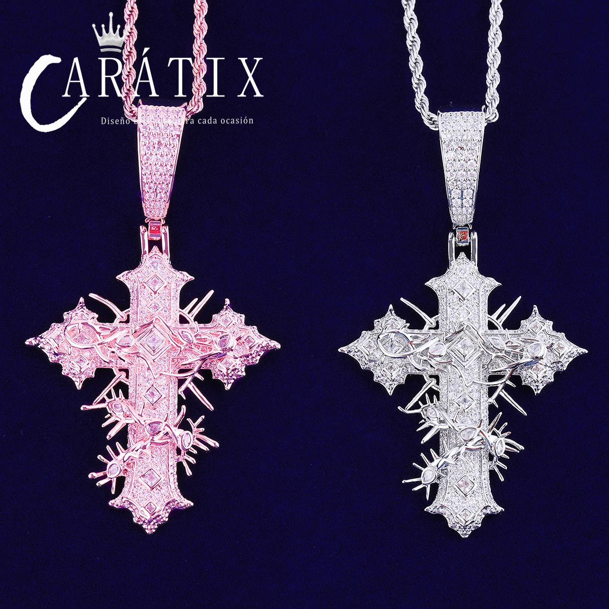 CARÁTIX Bubble Letter Iced Out Rattan Cross Pendant – Hip Hop Necklace Jewelry for Men & Women