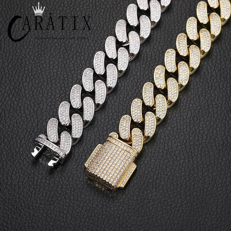 CARÁTIX 18mm Iced Out Cuban Link Chain Necklace – 3 Row CZ Heavy Round Hip Hop Bling Jewelry for Men | Rapper Gift
