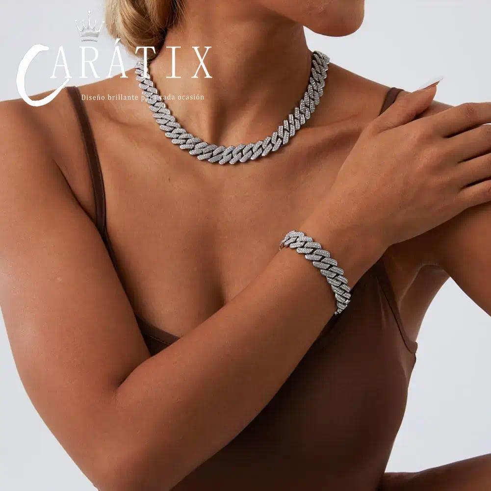 CARÁTIX 14mm 2-Row Prong Cuban Link Chain Necklace – Cubic Zirconia Iced Out Hip Hop Bling Jewelry for Men | White Miami Style