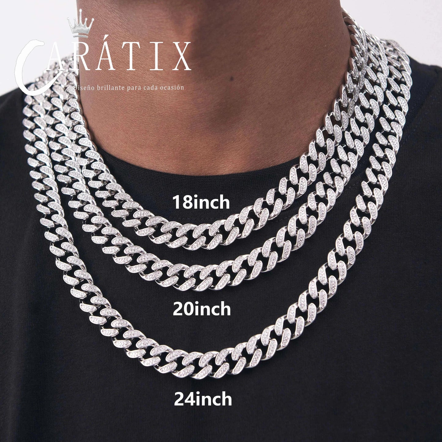 CARÁTIX 12mm Stainless Steel Cuban Link Chain Necklace – Rhinestone CZ Iced Out Hip Hop Jewelry for Men & Women | No Fade Design