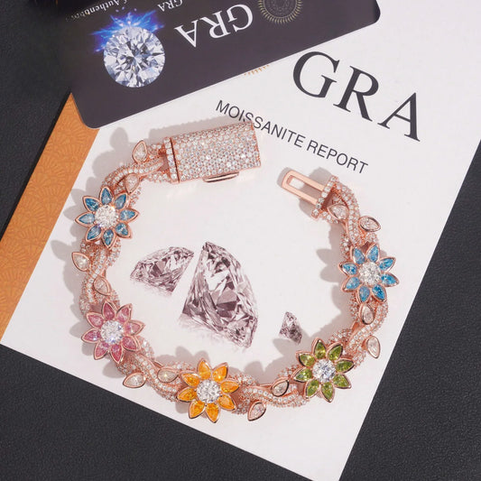 16mm Colored Moissanite Cuban Link Chain with Flower Design – S925 Sterling Silver Iced-Out Hip Hop Men’s Streetwear Necklace - CaratixJewelry