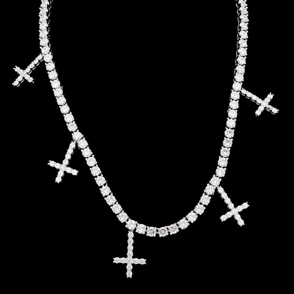 CARÁTIX Hip Hop Iced Out 1-Row CZ Tennis Chain Necklace with 5 CZ Cross Pendants – Luxury Jewelry for Men & Women