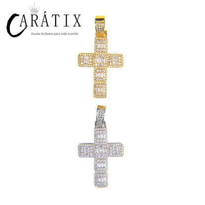 CARÁTIX Bubble Letter Baguette Cross Pendant Necklace – Iced Out Hip Hop Jewelry for Men & Women
