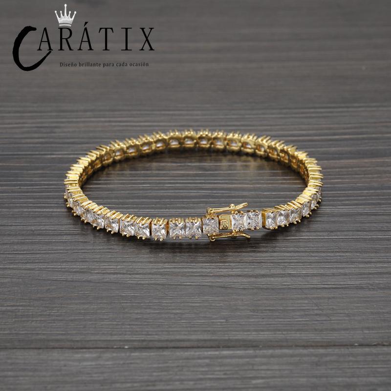 CARÁTIX - Hip Hop 4*4mm Square CZ Stone Bling Iced Out Tennis Link Chain Bracelet for Men Women Rapper Jewelry Golden Silver Color Valentine's Day Gift for Men & Girls & Boys Mothers' Day Gift #Springtok