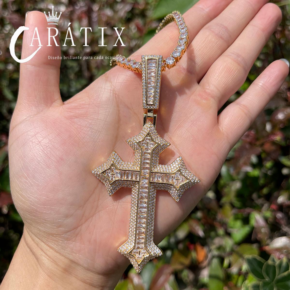 CARÁTIX Bubble Letter Iced Out Cross Necklace – Copper Hip Hop CZ Jewelry for Men & Women