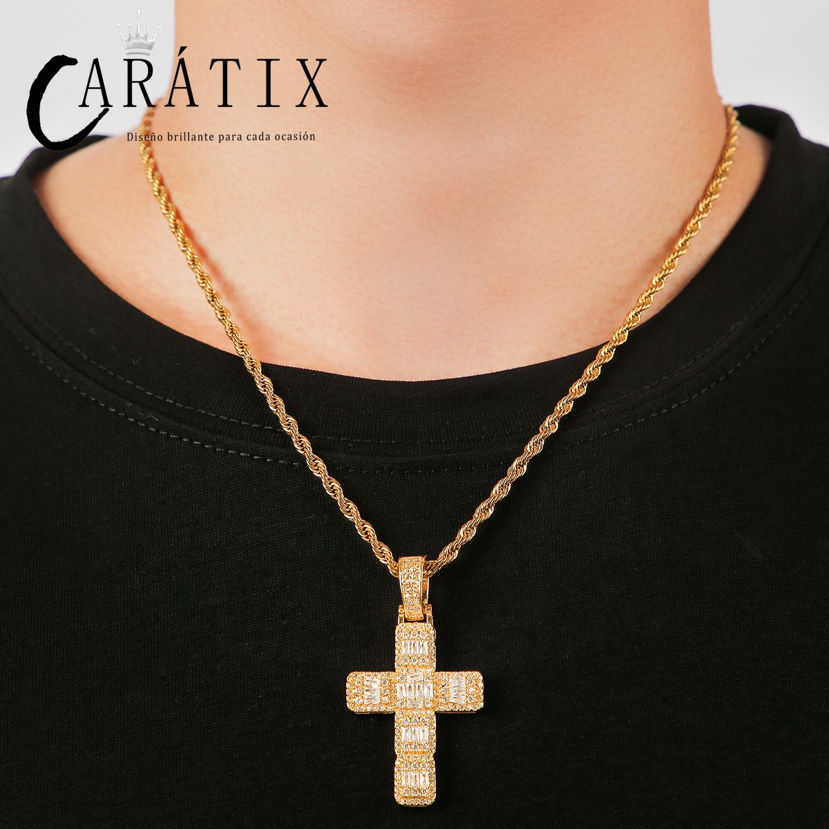 CARÁTIX Bubble Letter Baguette Cross Pendant Necklace – Iced Out Hip Hop Jewelry for Men & Women