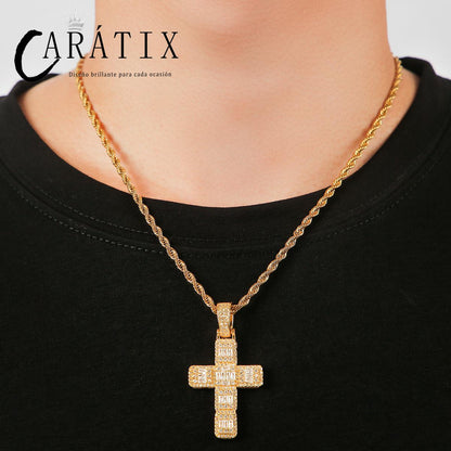 CARÁTIX Bubble Letter Baguette Cross Pendant Necklace – Iced Out Hip Hop Jewelry for Men & Women
