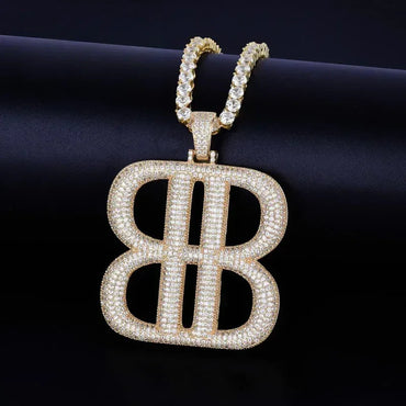 Iced Out Double "B" Letter Pendant | Men's Symmetrical Monogram Necklace | Premium Copper CZ Initial Jewelry | Luxury Designer Style Bling | Caratix - CaratixJewelry