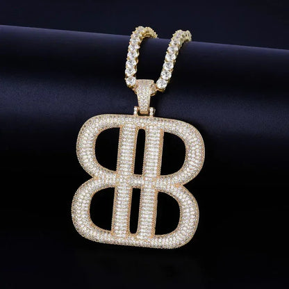 Iced Out Double "B" Letter Pendant | Men's Symmetrical Monogram Necklace | Premium Copper CZ Initial Jewelry | Luxury Designer Style Bling | Caratix - CaratixJewelry