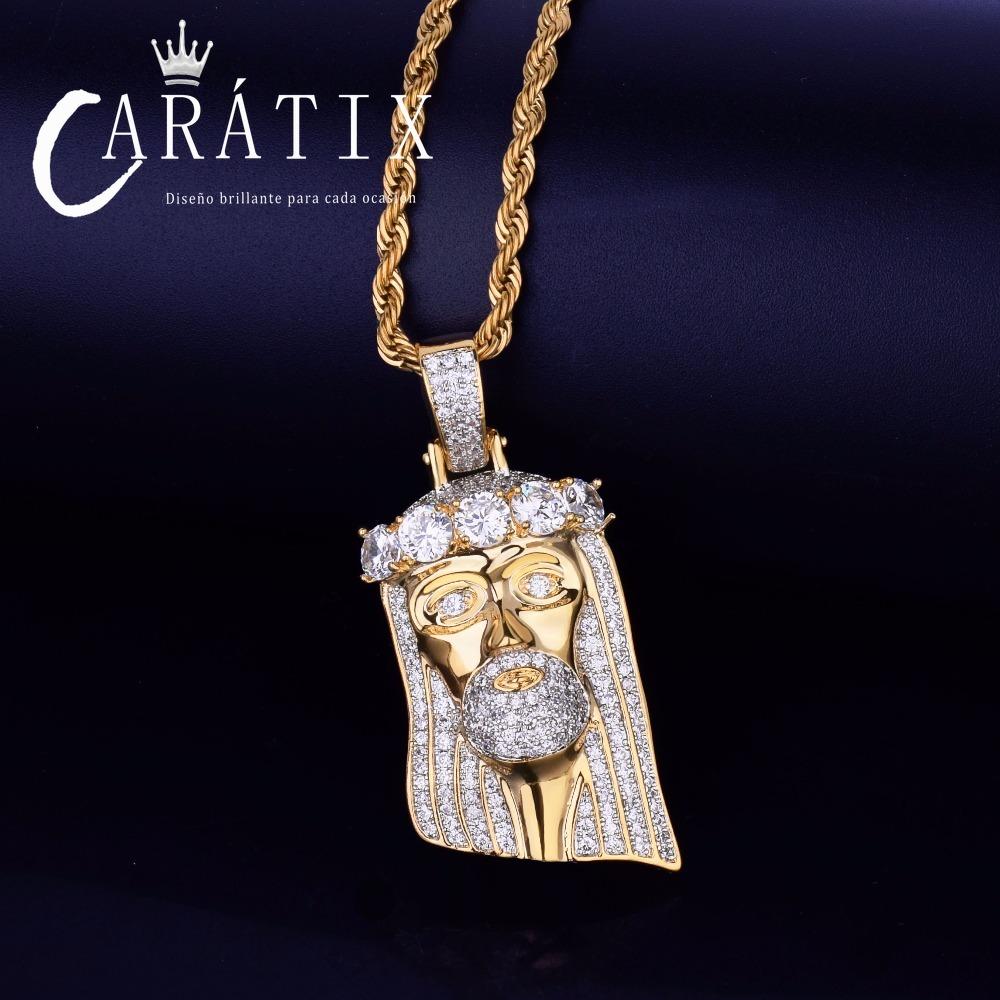 CARÁTIX - Bubble Letter Iced Out Religious Jesus Head Pendant Necklace Golden Color Bling Cubic Zircon Men's Hip Hop Jewelry For Gift Valentine's Day Gift for Men & Girls & Boys Mothers' Day Gift #Springtok