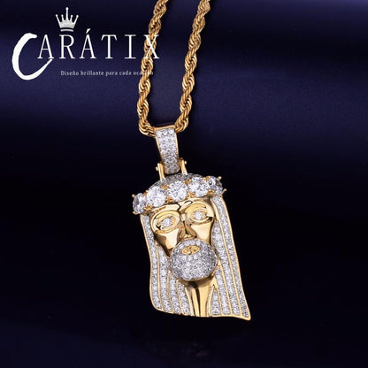 CARÁTIX - Bubble Letter Iced Out Religious Jesus Head Pendant Necklace Golden Color Bling Cubic Zircon Men's Hip Hop Jewelry For Gift Valentine's Day Gift for Men & Girls & Boys Mothers' Day Gift #Springtok