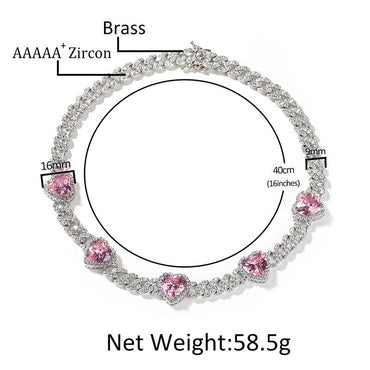 CARÁTIX 7"-24" Pink Hearts Link Chain Necklace – 5A+ CZ Iced Out Hip Hop Bling Jewelry for Men & Women | Unisex Rapper Gift