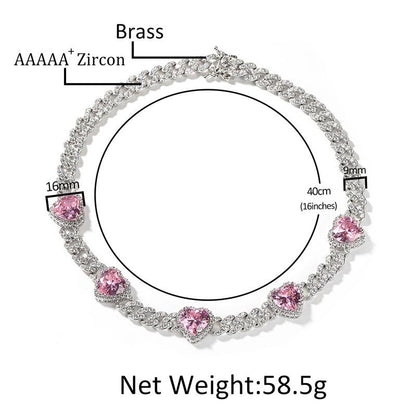 CARÁTIX 7"-24" Pink Hearts Link Chain Necklace – 5A+ CZ Iced Out Hip Hop Bling Jewelry for Men & Women | Unisex Rapper Gift