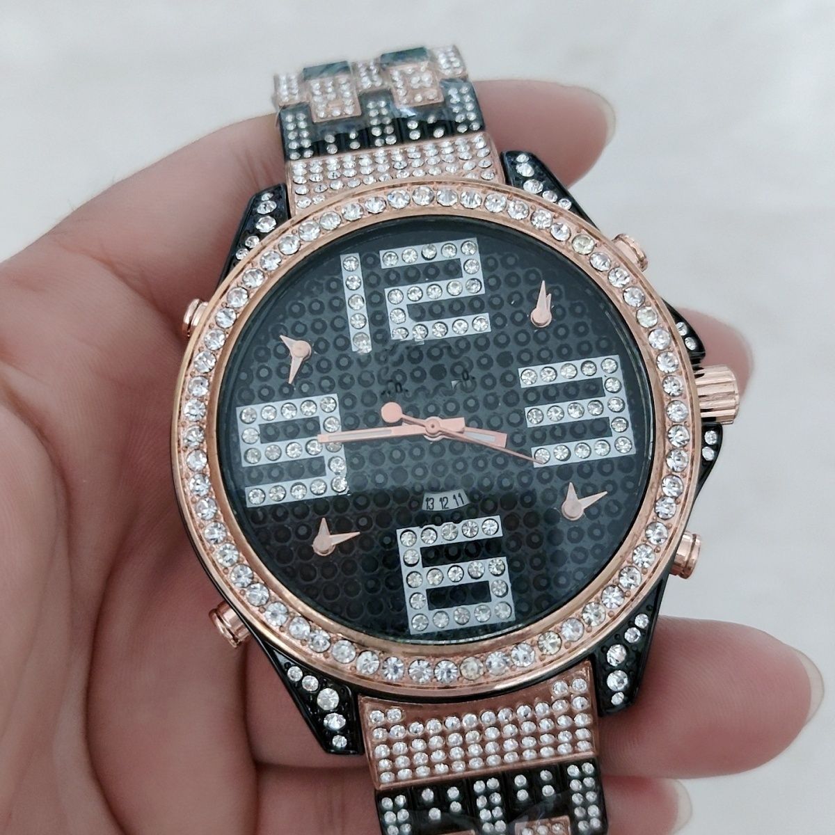 Fully Iced Out Watch Big Face Steel Band Quartz | Caratix