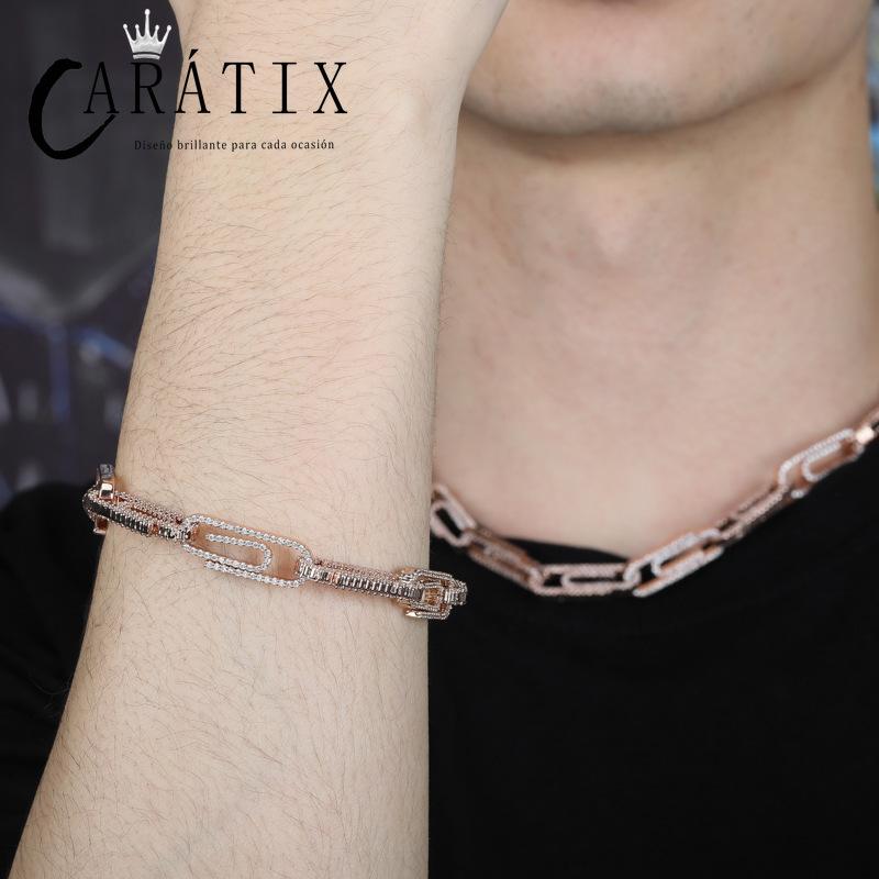 CARÁTIX AAA+ CZ Iced Out Pin Link Chain Necklace – Gold & Rose Hip Hop Bling Jewelry for Men & Women | Rapper Gift