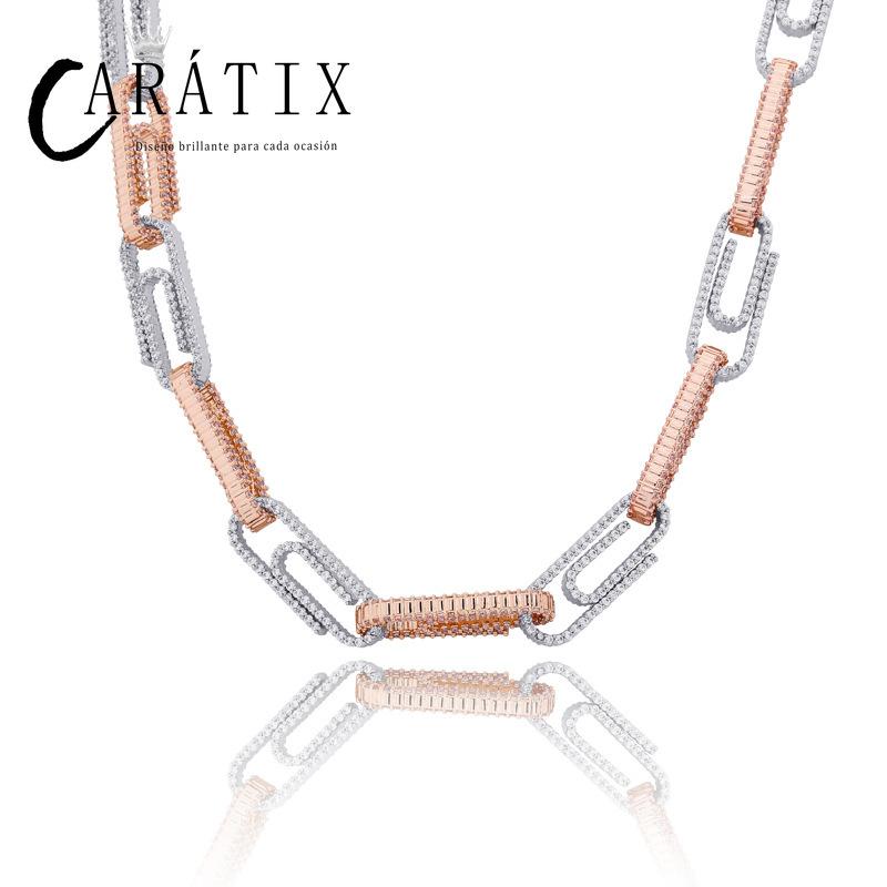 CARÁTIX AAA+ CZ Iced Out Pin Link Chain Necklace – Gold & Rose Hip Hop Bling Jewelry for Men & Women | Rapper Gift