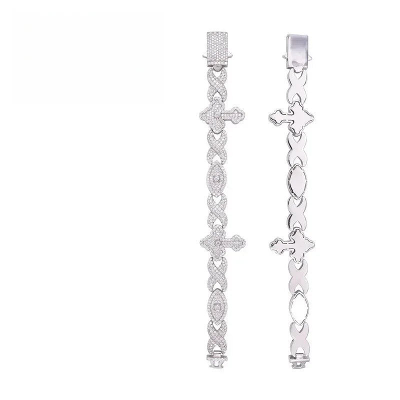 12mm Moissanite Eye & Cross Cuban Link Bracelet – S925 Sterling Silver Iced-Out Hip Hop Men’s Streetwear Jewelry - CaratixJewelry