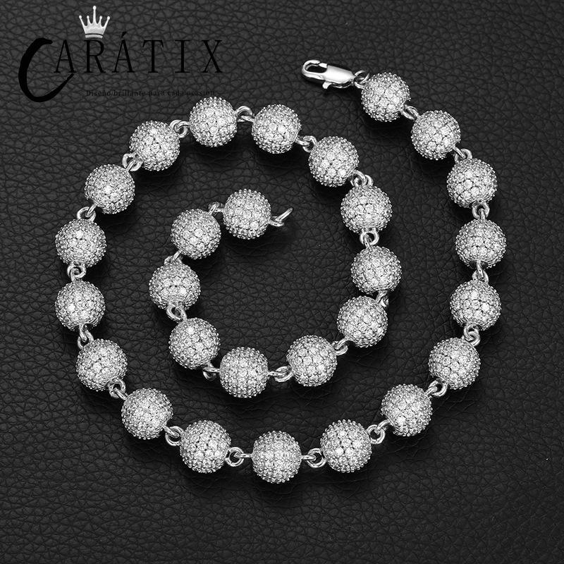 CARÁTIX 10mm Beads Link Chain Necklace – Full CZ Iced Out Hip Hop Bling Jewelry for Men & Women | Rapper Choker Gift