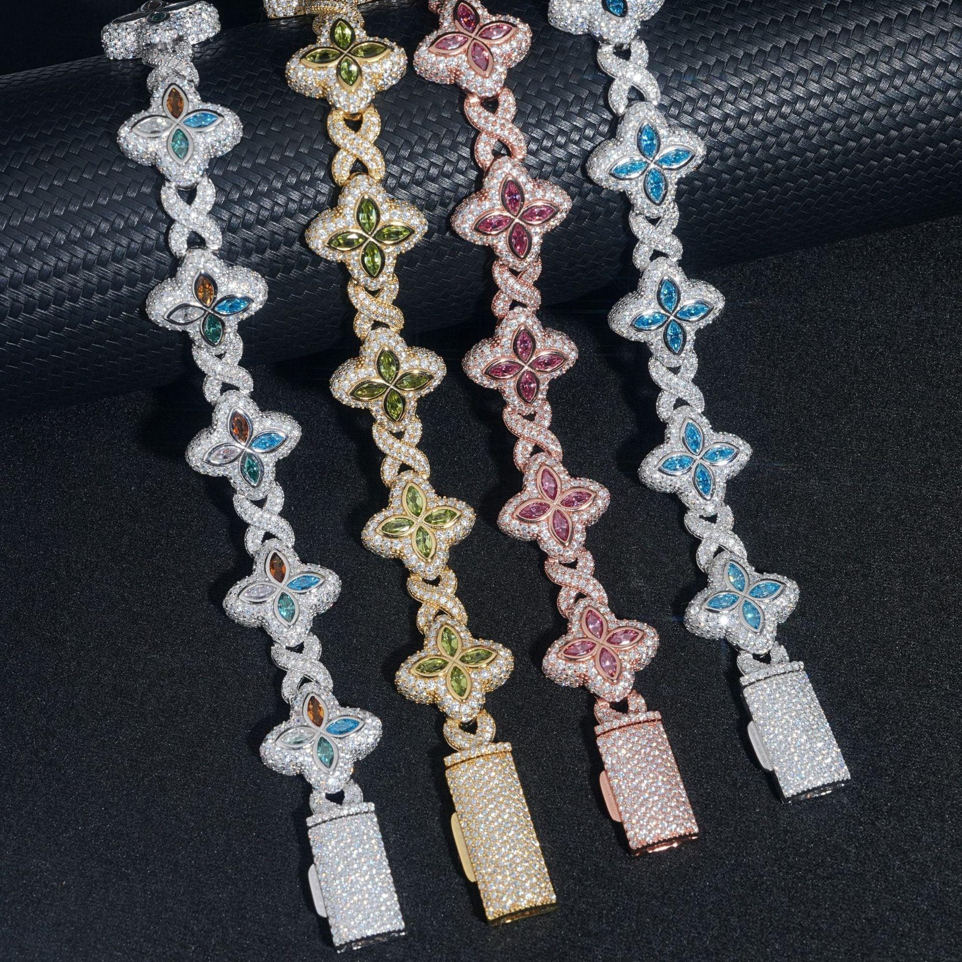 Four-Leaf Clover Bracelet – S925 Sterling Silver Colorful Marquise-Cut Moissanite Luxury Jewelry - CaratixJewelry