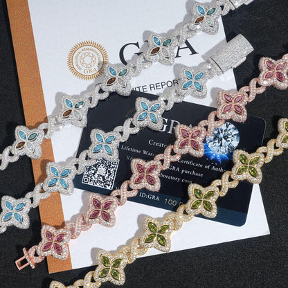 Four-Leaf Clover Bracelet – S925 Sterling Silver Colorful Marquise-Cut Moissanite Luxury Jewelry - CaratixJewelry