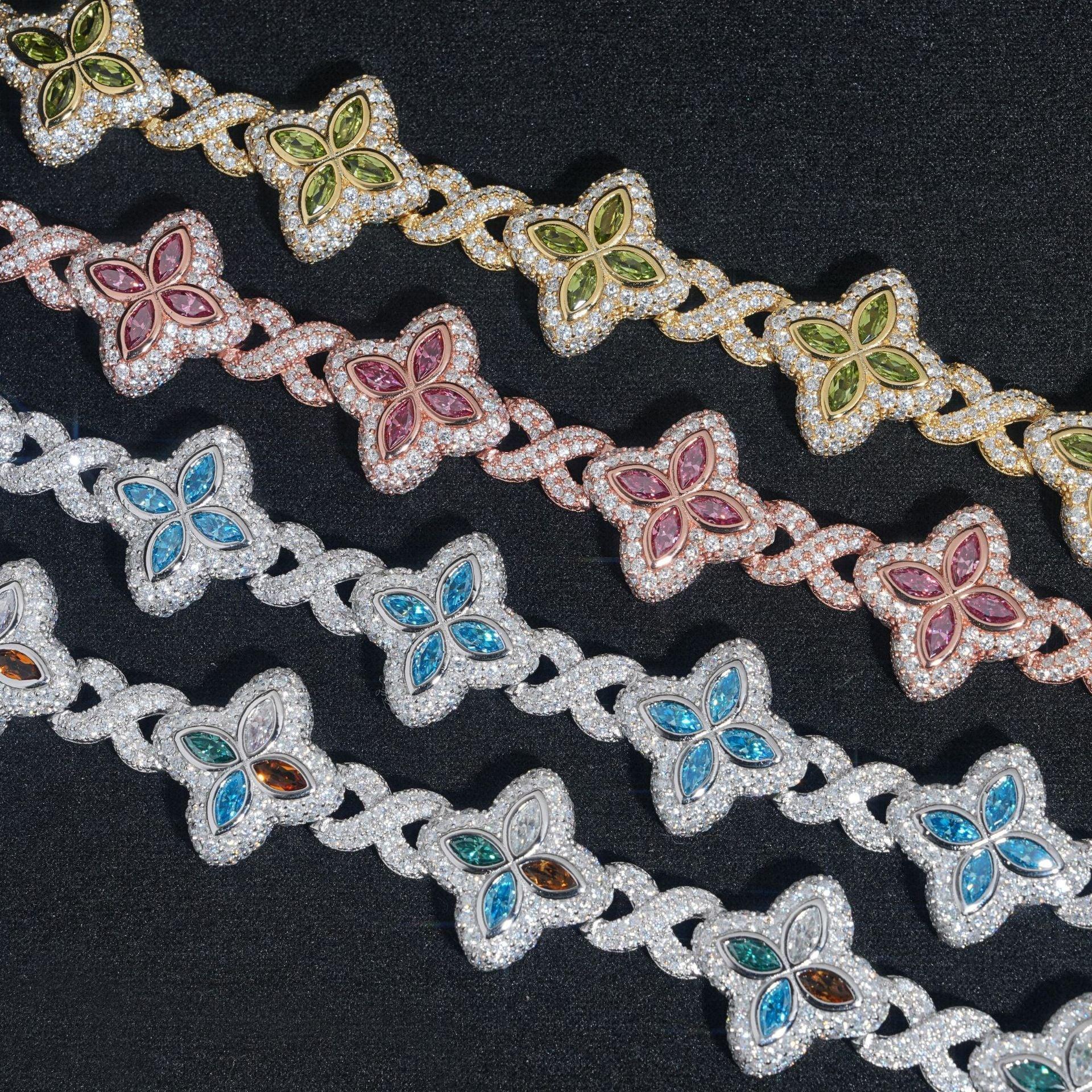 Four-Leaf Clover Bracelet – S925 Sterling Silver Colorful Marquise-Cut Moissanite Luxury Jewelry - CaratixJewelry
