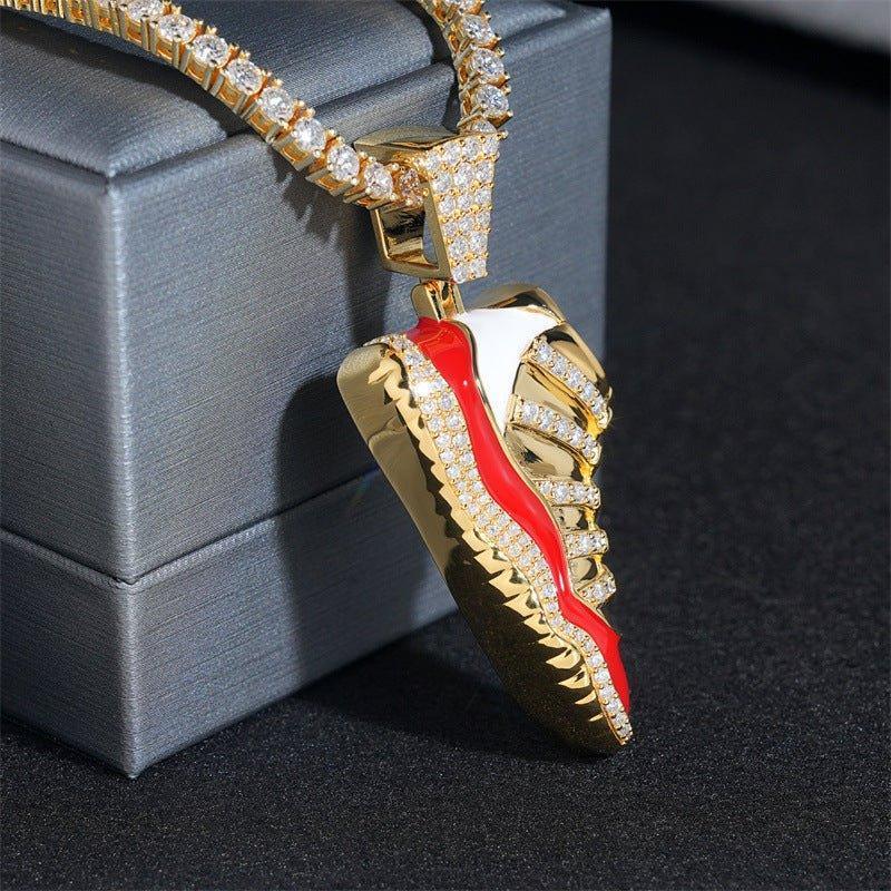 Gold-Plated Iced-Out Shoe Pendant – Full Pave Moissanite 925 Sterling Silver Hip Hop Streetwear Necklace - CaratixJewelry