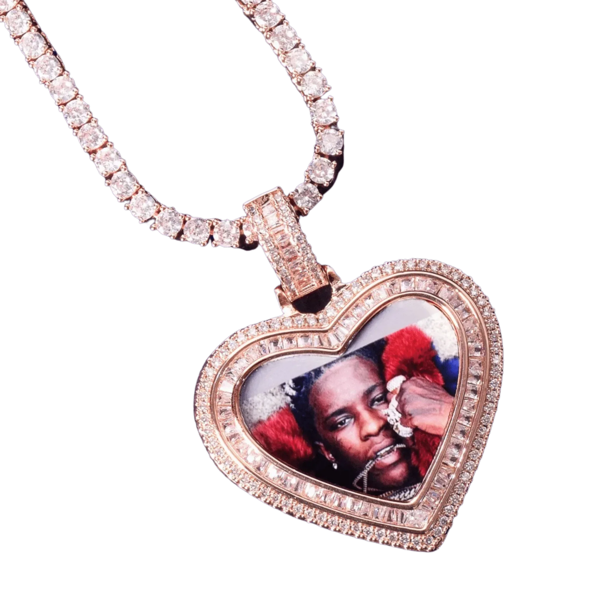 Heart Baguette Custom Photo Pendant Necklace – Iced Out Hip Hop Picture Jewelry for Men and Women - CaratixJewelry
