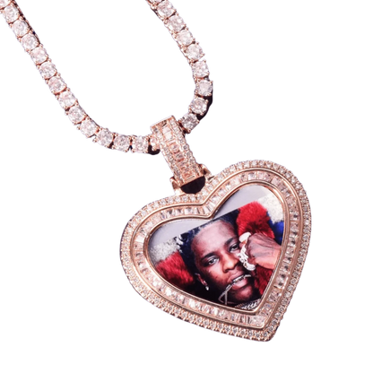Heart Baguette Custom Photo Pendant Necklace – Iced Out Hip Hop Picture Jewelry for Men and Women - CaratixJewelry